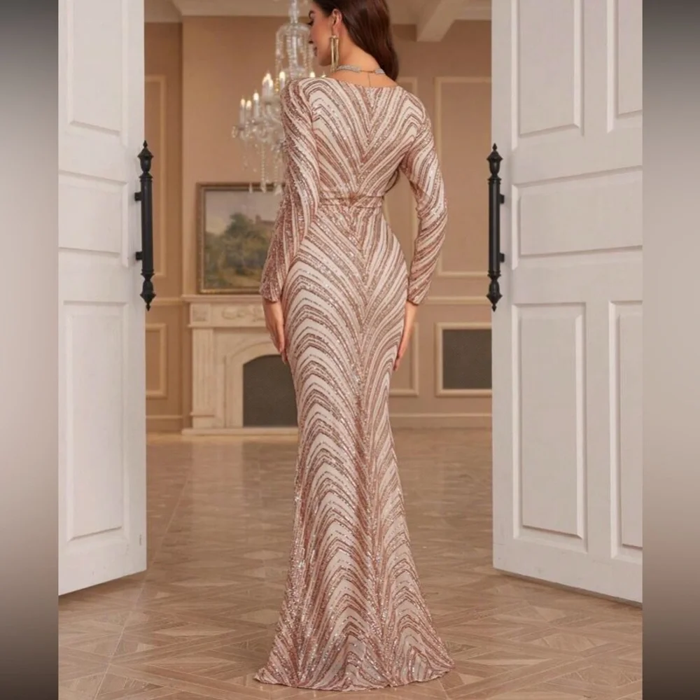 Luxe V neck long sleeve party formal evening sequins gown dress